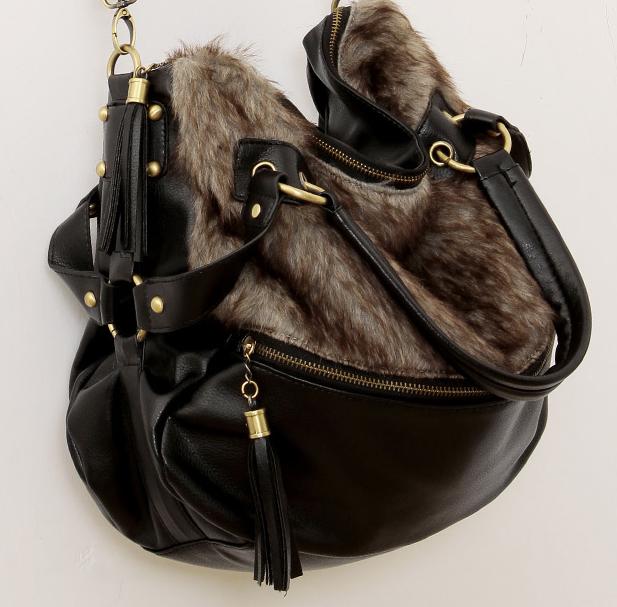 40cm RABBIT FUR STYLE BLACK PU LEATHER HAND BAG